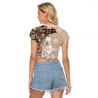 Tonga Ngatu Motifs Raglan Cropped T Shirt With Coat Of Arms Beige