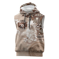 Tonga Ngatu Motifs Sleeveless Hoodie With Coat Of Arms Beige