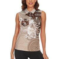 Tonga Ngatu Motifs Women Sleeveless Polo Shirt With Coat Of Arms Beige