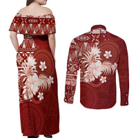 Tonga Ngatu Motifs Couples Matching Off Shoulder Maxi Dress and Long Sleeve Button Shirt With Coat Of Arms Red