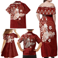 Tonga Ngatu Motifs Family Matching Off Shoulder Maxi Dress and Hawaiian Shirt With Coat Of Arms Red LT05 - Polynesian Pride