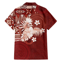 Tonga Ngatu Motifs Family Matching Off Shoulder Short Dress and Hawaiian Shirt With Coat Of Arms Red LT05 - Polynesian Pride