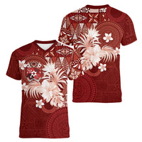 Tonga Ngatu Motifs Women V-Neck T-Shirt With Coat Of Arms Red