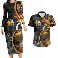 Personalised Papua New Guinea Couples Matching Long Sleeve Bodycon Dress and Hawaiian Shirt Happy Independence Day LT05 Black - Polynesian Pride