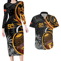 Personalised Papua New Guinea Couples Matching Long Sleeve Bodycon Dress and Hawaiian Shirt Happy 50th Independence Anniversary LT05 Black - Polynesian Pride