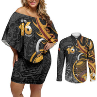 Personalised Papua New Guinea Couples Matching Off Shoulder Short Dress and Long Sleeve Button Shirt Happy Independence Day LT05 Black - Polynesian Pride