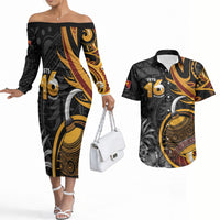Personalised Papua New Guinea Couples Matching Off The Shoulder Long Sleeve Dress and Hawaiian Shirt Happy Independence Day LT05 Black - Polynesian Pride