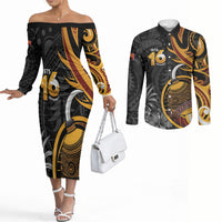 Personalised Papua New Guinea Couples Matching Off The Shoulder Long Sleeve Dress and Long Sleeve Button Shirt Happy Independence Day LT05 Black - Polynesian Pride