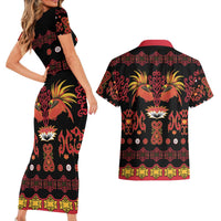 Papua Batik Motif Couples Matching Short Sleeve Bodycon Dress and Hawaiian Shirt Papua Spirit Black Version LT05 - Polynesian Pride