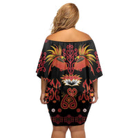 Papua Batik Motif Family Matching Off Shoulder Short Dress and Hawaiian Shirt Papua Spirit Black Version LT05 - Polynesian Pride
