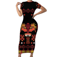 Papua Batik Motif Family Matching Short Sleeve Bodycon Dress and Hawaiian Shirt Papua Spirit Black Version LT05 Mom's Dress Black - Polynesian Pride