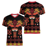 Papua Batik Motif Women V-Neck T-Shirt Papua Spirit Black Version - Polynesian Pride