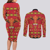 Papua Batik Motif Couples Matching Long Sleeve Bodycon Dress and Long Sleeve Button Shirt Papua Spirit Red Version - Polynesian Pride