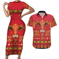 Papua Batik Motif Couples Matching Short Sleeve Bodycon Dress and Hawaiian Shirt Papua Spirit Red Version LT05 Red - Polynesian Pride
