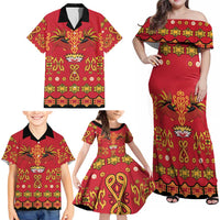 Papua Batik Motif Family Matching Off Shoulder Maxi Dress and Hawaiian Shirt Papua Spirit Red Version LT05 - Polynesian Pride