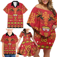 Papua Batik Motif Family Matching Off Shoulder Short Dress and Hawaiian Shirt Papua Spirit Red Version LT05 - Polynesian Pride
