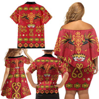 Papua Batik Motif Family Matching Off Shoulder Short Dress and Hawaiian Shirt Papua Spirit Red Version LT05 - Polynesian Pride