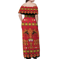 Papua Batik Motif Off Shoulder Maxi Dress Papua Spirit Red Version - Polynesian Pride