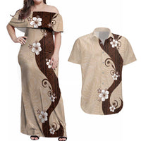Polynesia Hibiscus Couples Matching Off Shoulder Maxi Dress and Hawaiian Shirt Cameo Curve Motif LT05 Beige - Polynesian Pride