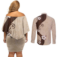 Polynesia Hibiscus Couples Matching Off Shoulder Short Dress and Long Sleeve Button Shirt Cameo Curve Motif - Polynesian Pride