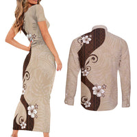 Polynesia Hibiscus Couples Matching Short Sleeve Bodycon Dress and Long Sleeve Button Shirt Cameo Curve Motif - Polynesian Pride