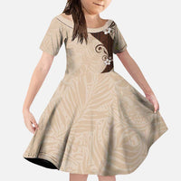 Polynesia Hibiscus Family Matching Long Sleeve Bodycon Dress and Hawaiian Shirt Cameo Curve Motif LT05 Daughter's Dress Beige - Polynesian Pride