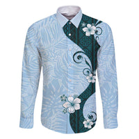 Polynesia Hibiscus Family Matching Off Shoulder Short Dress and Hawaiian Shirt Sky Blue Curve Motif - Polynesian Pride