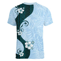 Polynesia Hibiscus Women V-Neck T-Shirt Sky Blue Curve Motif - Polynesian Pride