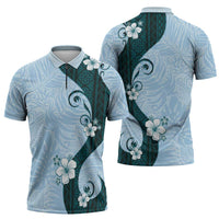 Polynesia Hibiscus Zipper Polo Shirt Sky Blue Curve Motif - Polynesian Pride