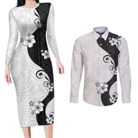 Polynesia Hibiscus Couples Matching Long Sleeve Bodycon Dress and Long Sleeve Button Shirt White Curve Motif - Polynesian Pride
