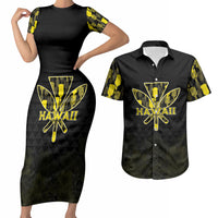 Personalised Aloha Hawaii Kahili Couples Matching Short Sleeve Bodycon Dress and Hawaiian Shirt Kanaka Maoli With Kakau Pattern LT05 Black - Polynesian Pride