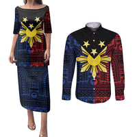 Philippines Sun Star Couples Matching Puletasi and Long Sleeve Button Shirt Igorot Tribal Inspiration LT05 Black - Polynesian Pride