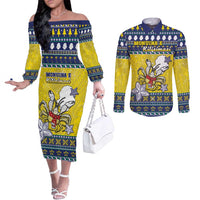 Niue The Rock Christmas Couples Matching Off The Shoulder Long Sleeve Dress and Long Sleeve Button Shirt Niuean Crab Monuina E Kilisimasi LT05 Blue - Polynesian Pride
