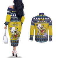 Niue The Rock Christmas Couples Matching Off The Shoulder Long Sleeve Dress and Long Sleeve Button Shirt Niuean Crab Monuina E Kilisimasi LT05 - Polynesian Pride