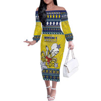 Niue The Rock Christmas Family Matching Off The Shoulder Long Sleeve Dress and Hawaiian Shirt Niuean Crab Monuina E Kilisimasi LT05 Mom's Dress Blue - Polynesian Pride