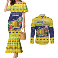 Tokelau Christmas Couples Matching Mermaid Dress and Long Sleeve Button Shirt Tokelauan Badge Manuia Te Kilihimahi LT05 Yellow - Polynesian Pride