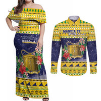 Tokelau Christmas Couples Matching Off Shoulder Maxi Dress and Long Sleeve Button Shirt Tokelauan Badge Manuia Te Kilihimahi LT05 Yellow - Polynesian Pride