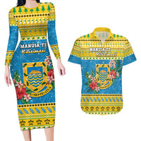 Tuvalu Christmas Couples Matching Long Sleeve Bodycon Dress and Hawaiian Shirt Coat Of Arms Manuia Te Kilisimasi LT05 Yellow - Polynesian Pride