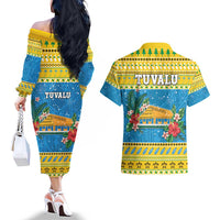 Tuvalu Christmas Couples Matching Off The Shoulder Long Sleeve Dress and Hawaiian Shirt Coat Of Arms Manuia Te Kilisimasi LT05 - Polynesian Pride