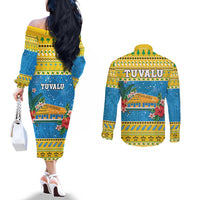 Tuvalu Christmas Couples Matching Off The Shoulder Long Sleeve Dress and Long Sleeve Button Shirt Coat Of Arms Manuia Te Kilisimasi LT05 - Polynesian Pride