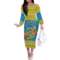 Tuvalu Christmas Family Matching Off The Shoulder Long Sleeve Dress and Hawaiian Shirt Coat Of Arms Manuia Te Kilisimasi LT05 Mom's Dress Yellow - Polynesian Pride