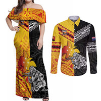 New Zealand And Papua New Guinea Rugby Custom Couples Matching Off Shoulder Maxi Dress and Long Sleeve Button Shirt Maori Kiwi With Bird of Paradise LT05 Black - Polynesian Pride