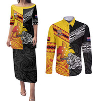 New Zealand And Papua New Guinea Rugby Custom Couples Matching Puletasi and Long Sleeve Button Shirt Maori Kiwi With Bird of Paradise LT05 Black - Polynesian Pride