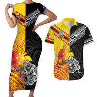 New Zealand And Papua New Guinea Rugby Custom Couples Matching Short Sleeve Bodycon Dress and Hawaiian Shirt Maori Kiwi With Bird of Paradise LT05 Black - Polynesian Pride