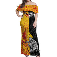 New Zealand And Papua New Guinea Rugby Custom Off Shoulder Maxi Dress Maori Kiwi With Bird of Paradise LT05 Women Black - Polynesian Pride