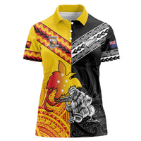 New Zealand And Papua New Guinea Rugby Custom Women Polo Shirt Maori Kiwi With Bird of Paradise LT05 Female Black - Polynesian Pride