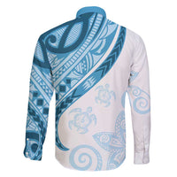 Blue Polynesian Tribal Turtle Floral Pattern Family Matching Short Sleeve Bodycon Dress and Hawaiian Shirt