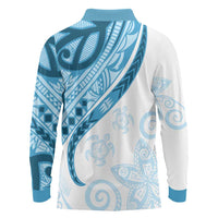 Blue Polynesian Tribal Turtle Floral Pattern Long Sleeve Polo Shirt