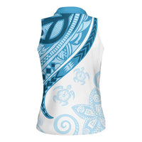 Blue Polynesian Tribal Turtle Floral Pattern Women Sleeveless Polo Shirt