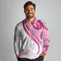 Rose Pink Polynesian Tribal Turtle Floral Pattern Long Sleeve Polo Shirt